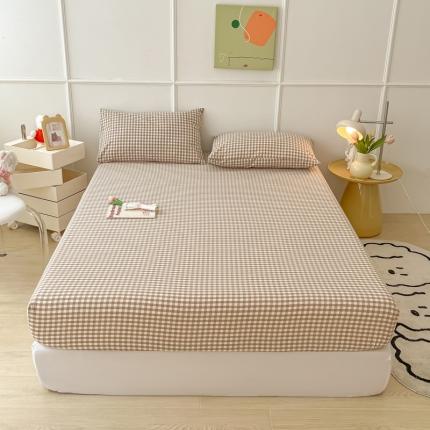 91家纺网 家纺一手货源 找家纺 盼季 2023新款水洗棉床笠三件套防滑床罩席梦思全包围保护套 杏格