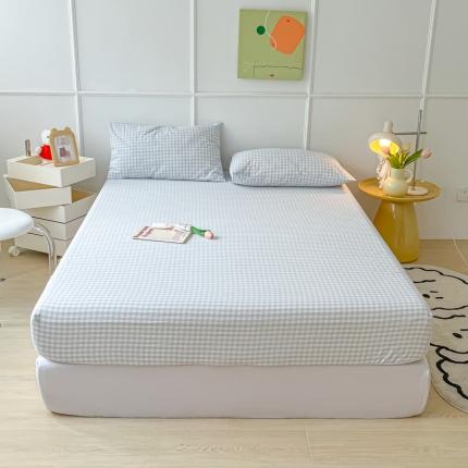 盼季 2023新款水洗棉床笠三件套防滑床罩席梦思全包围保护套 浅蓝格