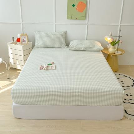 盼季 2023新款水洗棉床笠三件套防滑床罩席梦思全包围保护套 浅绿格