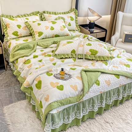 91家纺网 家纺一手货源 找家纺 A类母婴级双层纱水洗棉麻床盖款夏被四件套蕾丝床裙款夹棉床盖三件套空调被