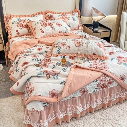 91家纺网 家纺一手货源 找家纺 A类母婴级双层纱水洗棉麻床盖款夏被四件套蕾丝床裙款夹棉床盖三件套空调被