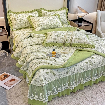 91家纺网 家纺一手货源 找家纺 A类母婴级双层纱水洗棉麻床盖款夏被四件套蕾丝床裙款夹棉床盖三件套空调被