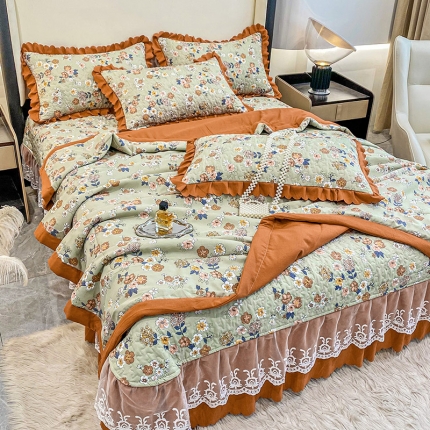 91家纺网 家纺一手货源 找家纺 A类母婴级双层纱水洗棉麻床盖款夏被四件套蕾丝床裙款夹棉床盖三件套空调被