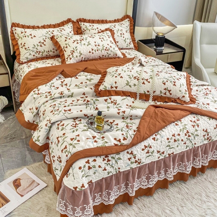 91家纺网 家纺一手货源 找家纺 A类母婴级双层纱水洗棉麻床盖款夏被四件套蕾丝床裙款夹棉床盖三件套空调被