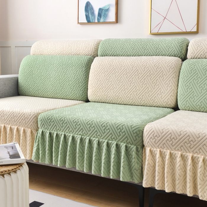 91家纺网 家纺一手货源 找家纺 千彤沙发垫 2023新款裙边-韵律系列沙发套罩-沙发笠 薄荷绿米白