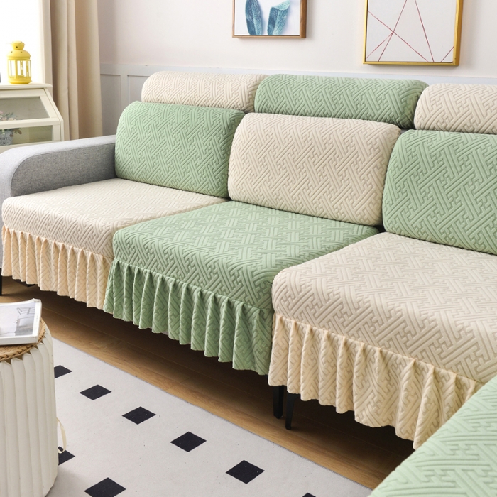 91家纺网 家纺一手货源 找家纺 千彤沙发垫 2023新款裙边-韵律系列沙发套罩-沙发笠 薄荷绿米白