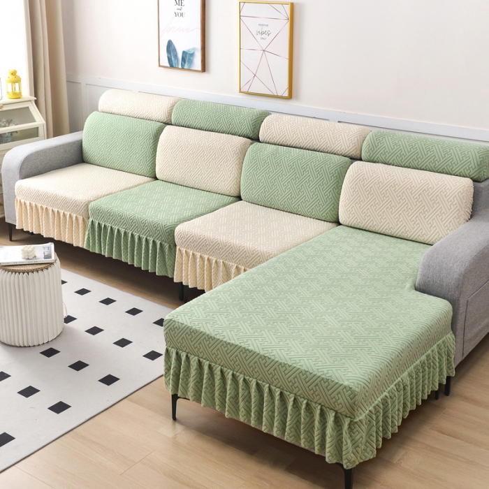 91家纺网 家纺一手货源 找家纺 千彤沙发垫 2023新款裙边-韵律系列沙发套罩-沙发笠 薄荷绿米白