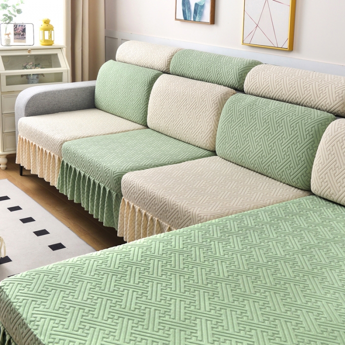 91家纺网 家纺一手货源 找家纺 千彤沙发垫 2023新款裙边-韵律系列沙发套罩-沙发笠 薄荷绿米白