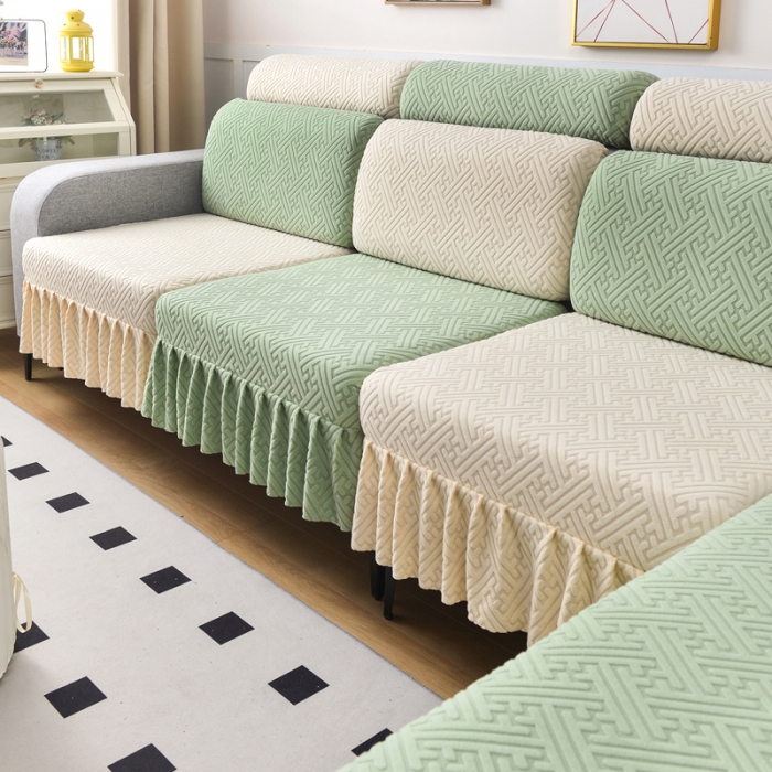 91家纺网 家纺一手货源 找家纺 千彤沙发垫 2023新款裙边-韵律系列沙发套罩-沙发笠 薄荷绿米白