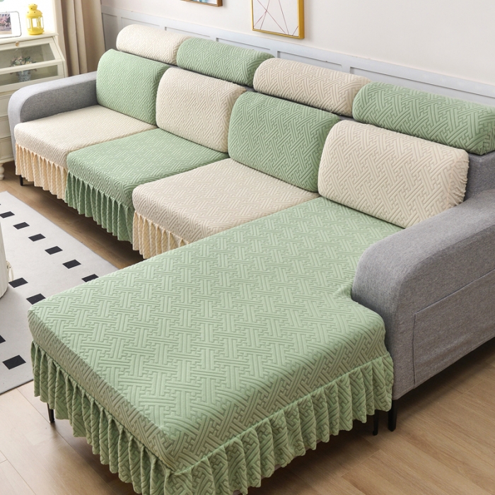 91家纺网 家纺一手货源 找家纺 千彤沙发垫 2023新款裙边-韵律系列沙发套罩-沙发笠 薄荷绿米白