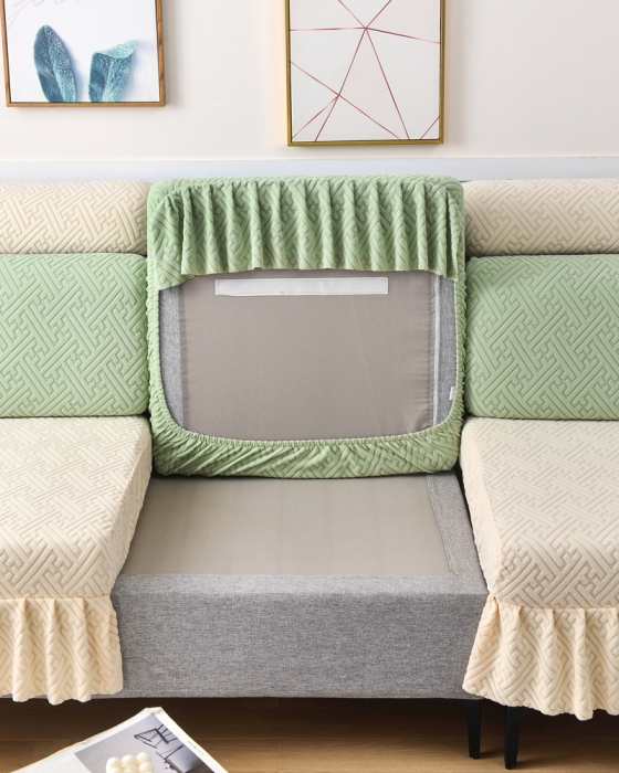 91家纺网 家纺一手货源 找家纺 千彤沙发垫 2023新款裙边-韵律系列沙发套罩-沙发笠 薄荷绿米白