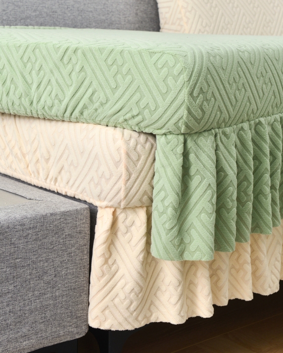 91家纺网 家纺一手货源 找家纺 千彤沙发垫 2023新款裙边-韵律系列沙发套罩-沙发笠 薄荷绿米白