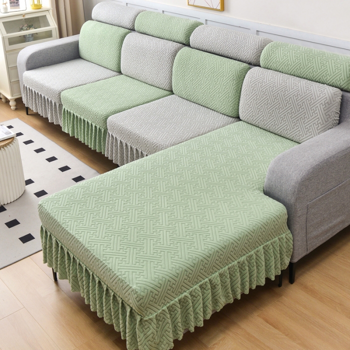 91家纺网 家纺一手货源 找家纺 千彤沙发垫 2023新款裙边-韵律系列沙发套罩-沙发笠 薄荷绿银灰