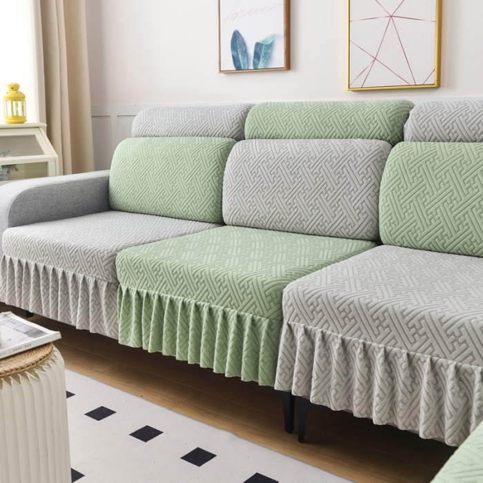91家纺网 家纺一手货源 找家纺 千彤沙发垫 2023新款裙边-韵律系列沙发套罩-沙发笠 薄荷绿银灰