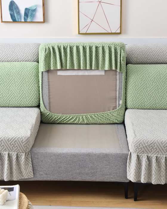 91家纺网 家纺一手货源 找家纺 千彤沙发垫 2023新款裙边-韵律系列沙发套罩-沙发笠 薄荷绿银灰