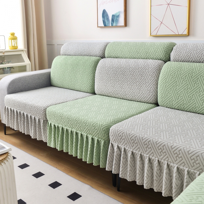 91家纺网 家纺一手货源 找家纺 千彤沙发垫 2023新款裙边-韵律系列沙发套罩-沙发笠 薄荷绿银灰