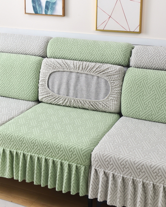 91家纺网 家纺一手货源 找家纺 千彤沙发垫 2023新款裙边-韵律系列沙发套罩-沙发笠 薄荷绿银灰