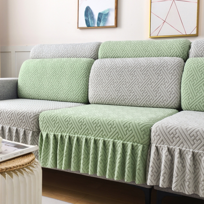 91家纺网 家纺一手货源 找家纺 千彤沙发垫 2023新款裙边-韵律系列沙发套罩-沙发笠 薄荷绿银灰