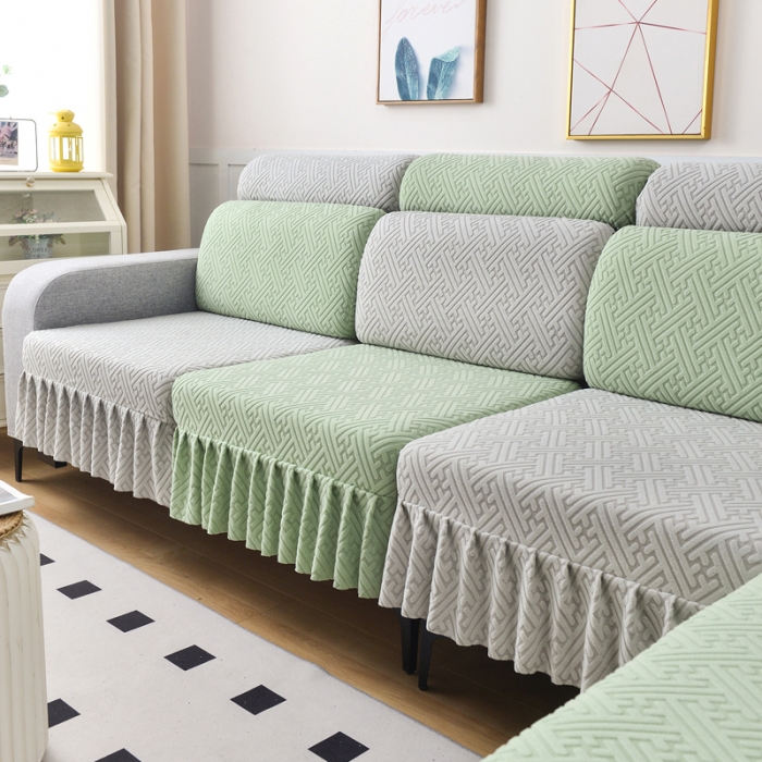 91家纺网 家纺一手货源 找家纺 千彤沙发垫 2023新款裙边-韵律系列沙发套罩-沙发笠 薄荷绿银灰