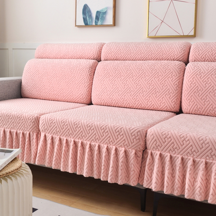 91家纺网 家纺一手货源 找家纺 千彤沙发垫 2023新款裙边-韵律系列沙发套罩-沙发笠 粉色