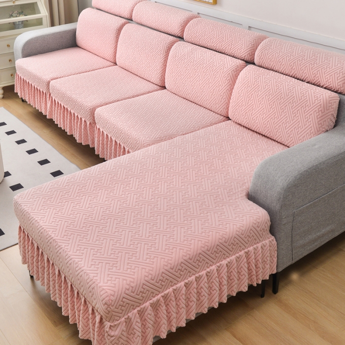 91家纺网 家纺一手货源 找家纺 千彤沙发垫 2023新款裙边-韵律系列沙发套罩-沙发笠 粉色