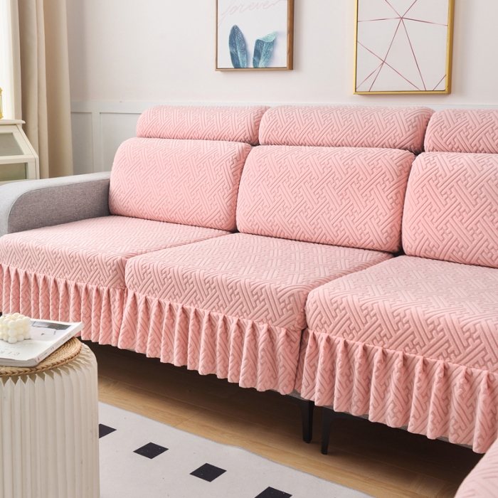 91家纺网 家纺一手货源 找家纺 千彤沙发垫 2023新款裙边-韵律系列沙发套罩-沙发笠 粉色