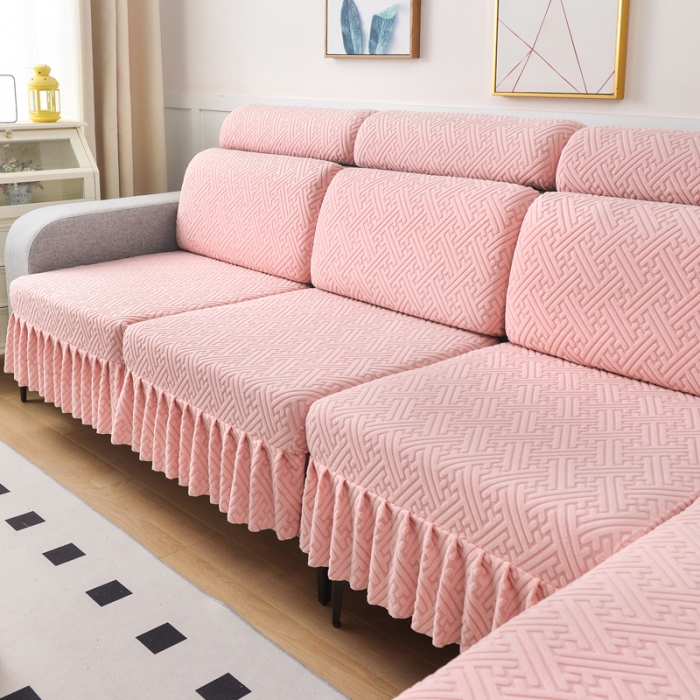 91家纺网 家纺一手货源 找家纺 千彤沙发垫 2023新款裙边-韵律系列沙发套罩-沙发笠 粉色