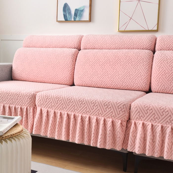91家纺网 家纺一手货源 找家纺 千彤沙发垫 2023新款裙边-韵律系列沙发套罩-沙发笠 粉色