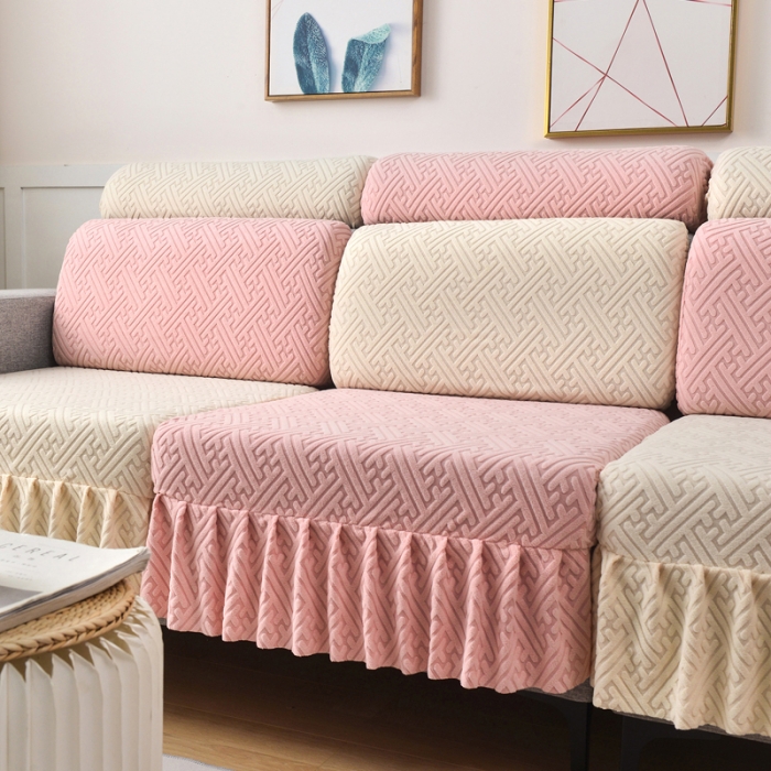 91家纺网 家纺一手货源 找家纺 千彤沙发垫 2023新款裙边-韵律系列沙发套罩-沙发笠 粉色米白