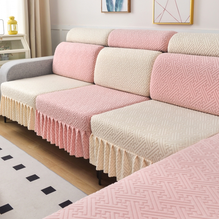 91家纺网 家纺一手货源 找家纺 千彤沙发垫 2023新款裙边-韵律系列沙发套罩-沙发笠 粉色米白