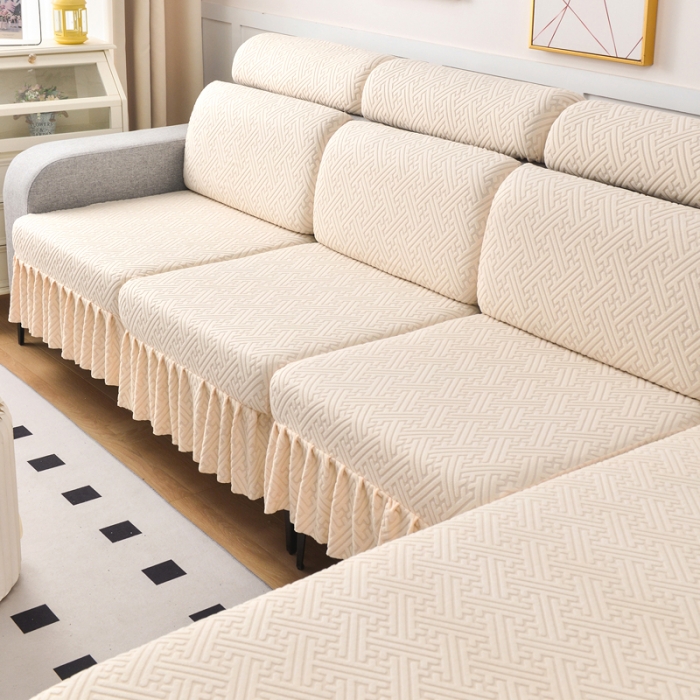 91家纺网 家纺一手货源 找家纺 千彤沙发垫 2023新款裙边-韵律系列沙发套罩-沙发笠 米白