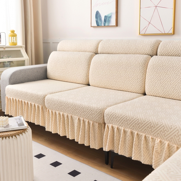 91家纺网 家纺一手货源 找家纺 千彤沙发垫 2023新款裙边-韵律系列沙发套罩-沙发笠 米白