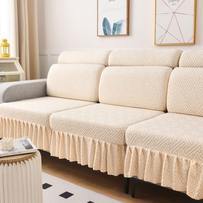 91家纺网 家纺一手货源 找家纺 千彤沙发垫 2023新款裙边-韵律系列沙发套罩-沙发笠 米白