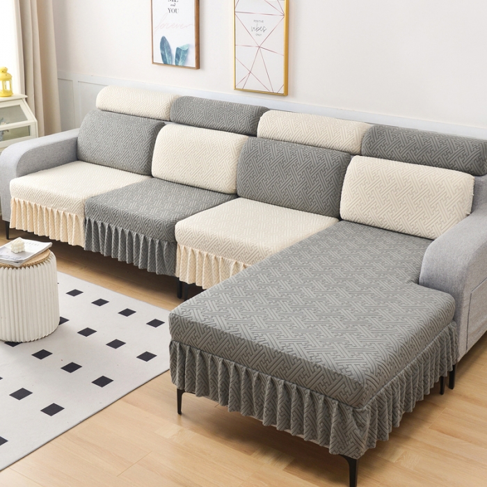 91家纺网 家纺一手货源 找家纺 千彤沙发垫 2023新款裙边-韵律系列沙发套罩-沙发笠 深灰米白