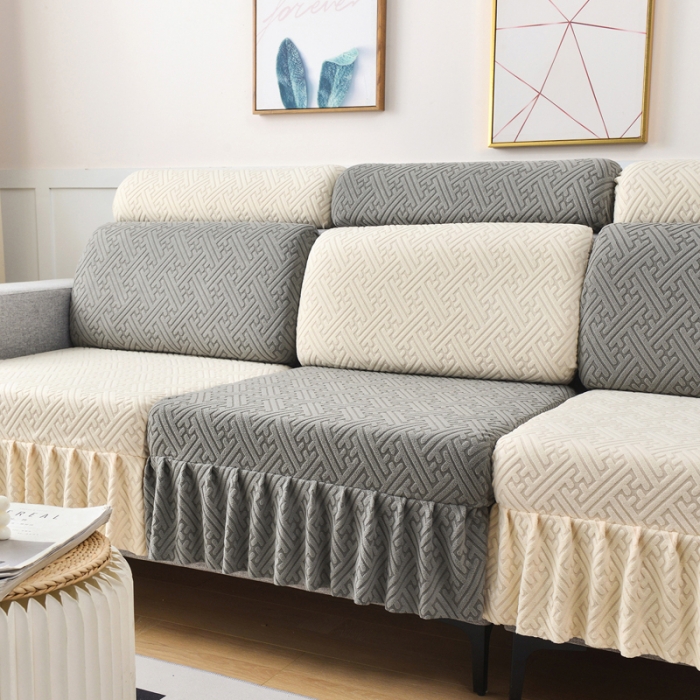 91家纺网 家纺一手货源 找家纺 千彤沙发垫 2023新款裙边-韵律系列沙发套罩-沙发笠 深灰米白