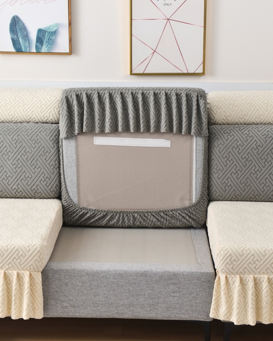 91家纺网 家纺一手货源 找家纺 千彤沙发垫 2023新款裙边-韵律系列沙发套罩-沙发笠 深灰米白