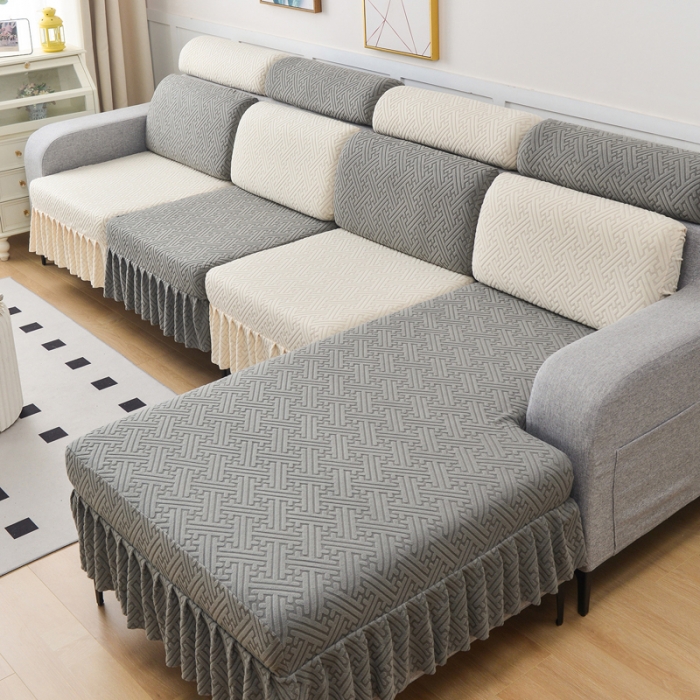 91家纺网 家纺一手货源 找家纺 千彤沙发垫 2023新款裙边-韵律系列沙发套罩-沙发笠 深灰米白