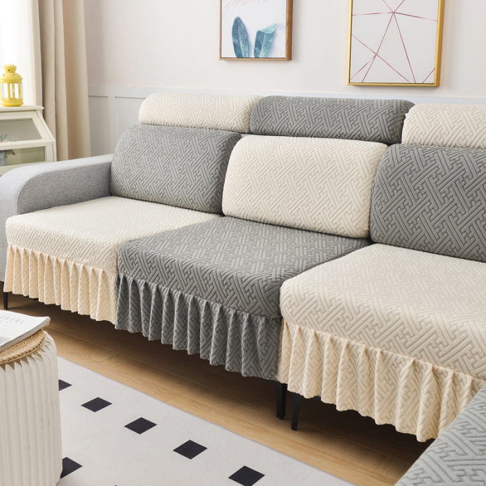 91家纺网 家纺一手货源 找家纺 千彤沙发垫 2023新款裙边-韵律系列沙发套罩-沙发笠 深灰米白