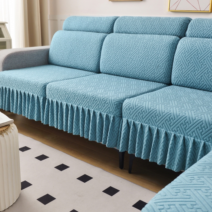 91家纺网 家纺一手货源 找家纺 千彤沙发垫 2023新款裙边-韵律系列沙发套罩-沙发笠 天空蓝