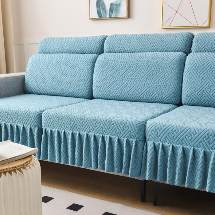 91家纺网 家纺一手货源 找家纺 千彤沙发垫 2023新款裙边-韵律系列沙发套罩-沙发笠 天空蓝