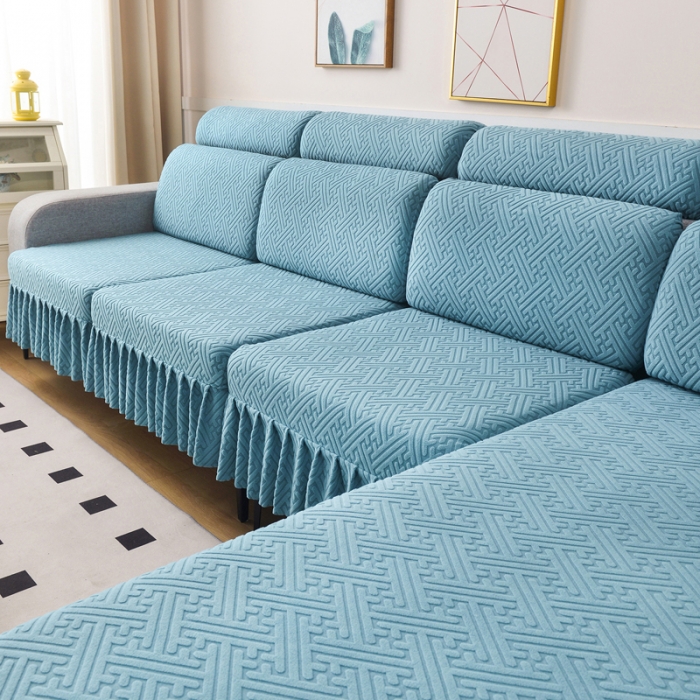 91家纺网 家纺一手货源 找家纺 千彤沙发垫 2023新款裙边-韵律系列沙发套罩-沙发笠 天空蓝