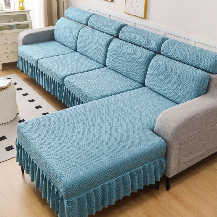 91家纺网 家纺一手货源 找家纺 千彤沙发垫 2023新款裙边-韵律系列沙发套罩-沙发笠 天空蓝