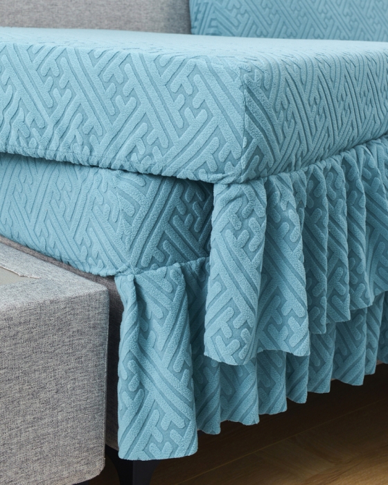 91家纺网 家纺一手货源 找家纺 千彤沙发垫 2023新款裙边-韵律系列沙发套罩-沙发笠 天空蓝