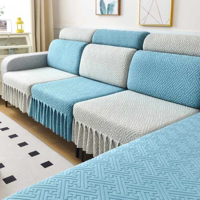 91家纺网 家纺一手货源 找家纺 千彤沙发垫 2023新款裙边-韵律系列沙发套罩-沙发笠 天空蓝银灰