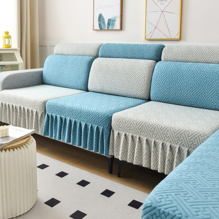 91家纺网 家纺一手货源 找家纺 千彤沙发垫 2023新款裙边-韵律系列沙发套罩-沙发笠 天空蓝银灰