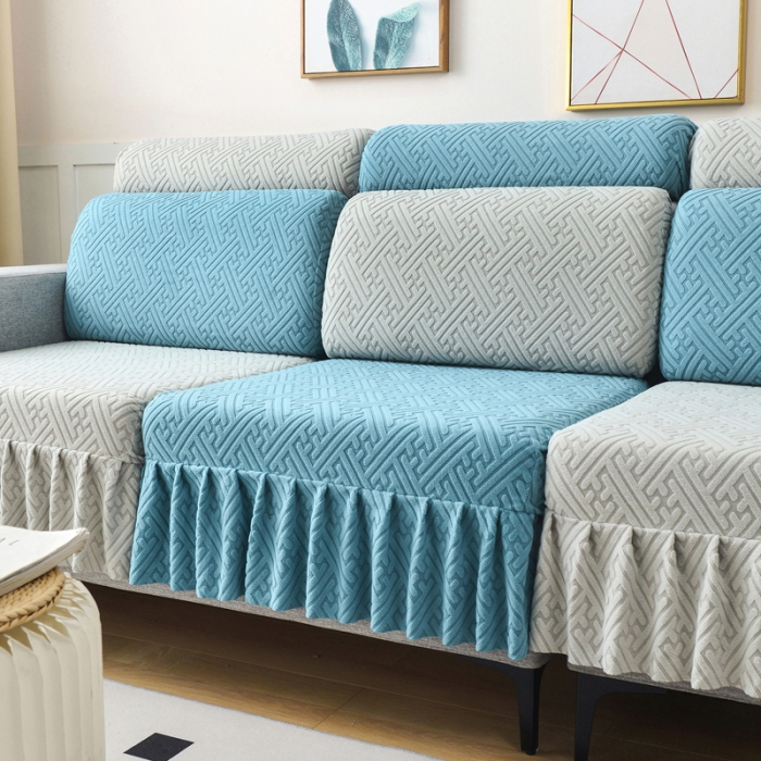 91家纺网 家纺一手货源 找家纺 千彤沙发垫 2023新款裙边-韵律系列沙发套罩-沙发笠 天空蓝银灰