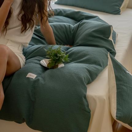 时光里 2023新款60支全棉华夫格四件套 黛绿配嫩黄