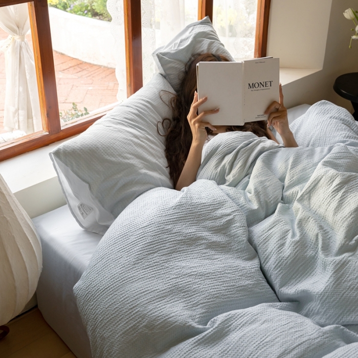 91家纺网 家纺一手货源 找家纺 时光里 2023新款60支全棉华夫格四件套 海盐兰配晴空兰