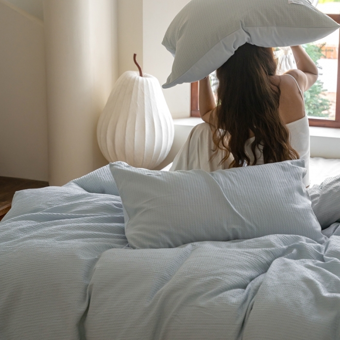 91家纺网 家纺一手货源 找家纺 时光里 2023新款60支全棉华夫格四件套 海盐兰配晴空兰