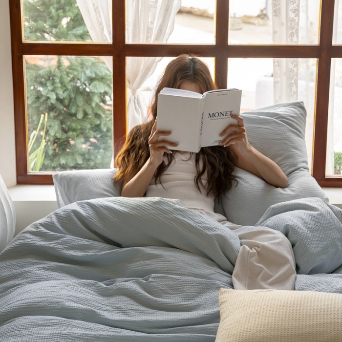 91家纺网 家纺一手货源 找家纺 时光里 2023新款60支全棉华夫格四件套 海盐兰配晴空兰